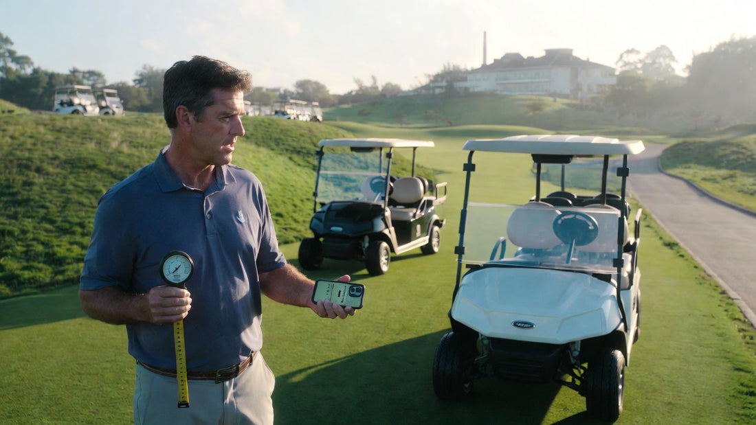 Professional golf cart fleet evaluation using a tire gauge, tape measure, and decibel meter during a real-world course test drive.