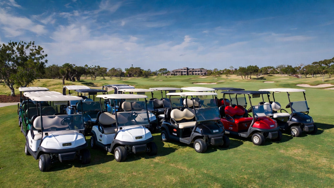 Golf carts from top brands parked on a premium golf course, representing durability and high resale value.