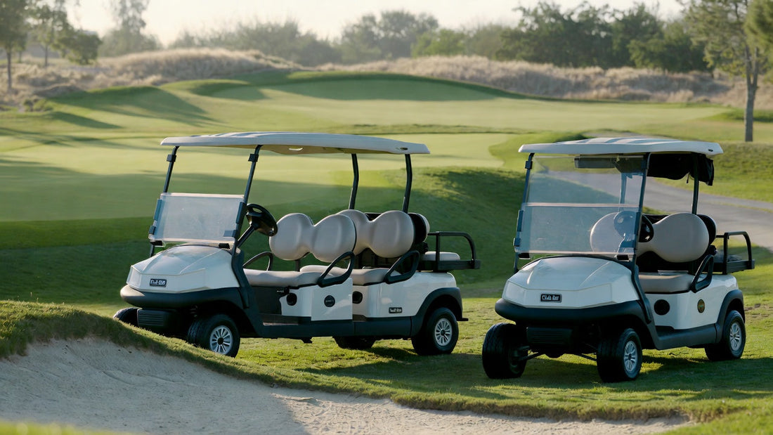 E-Z-GO vs Club Car golf carts on a modern course, highlighting lithium battery technology comparison.