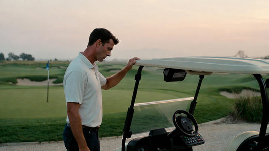 Golf course manager inspecting a golf cart with reduced range on a course, highlighting real-world fleet management challenges.