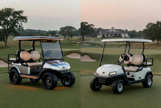 Split-view golf cart comparison showing premium upgrades versus standard configuration on a golf course, highlighting ROI-focused decision making.