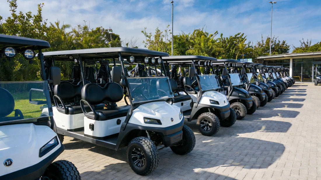 A fleet of modern golf carts lined up at a resort, representing corporate procurement and large-scale fleet purchasing decisions.