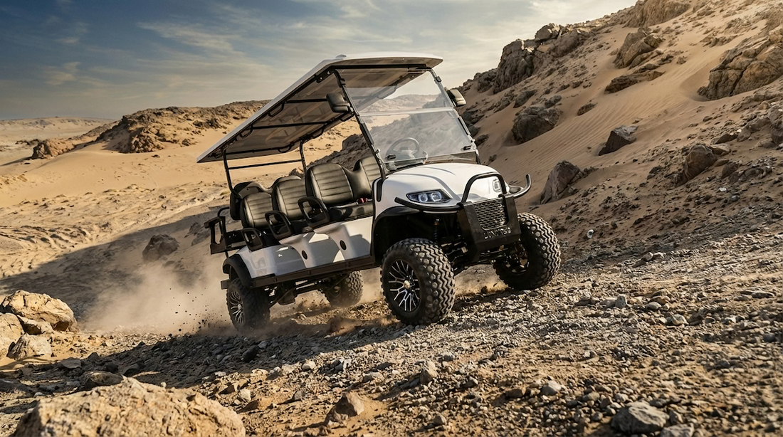 A rugged golf cart navigating steep hills, sand, and rocky paths, symbolizing performance, durability, and reliability in extreme golf course terrain.