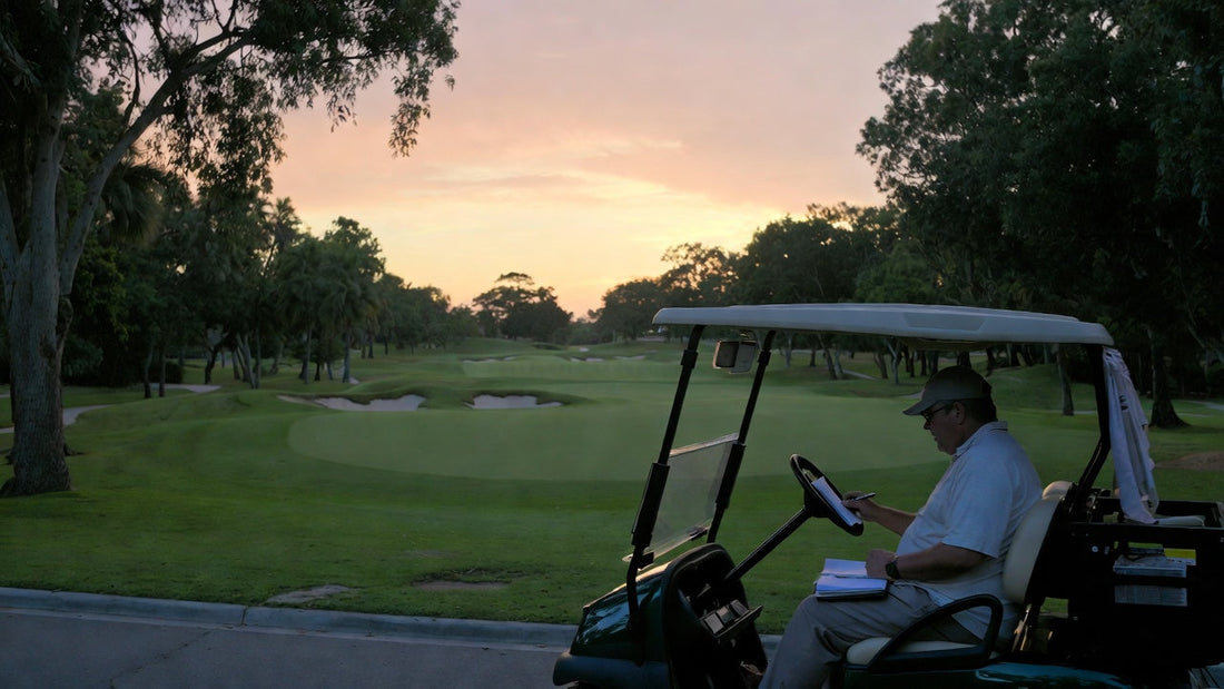 Procurement manager test driving a golf cart on a golf course while taking notes for fleet evaluation.