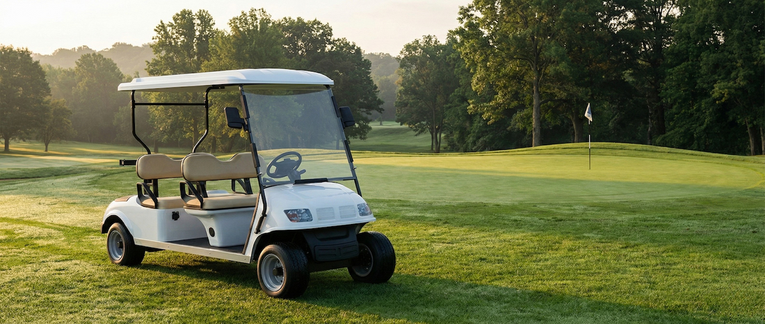 A premium golf cart positioned on a pristine golf course, symbolizing reliability, durability, and the high standards set by world-leading brands like Club Car.