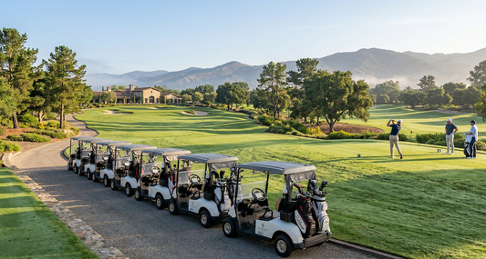 Modern golf cart fleet on a professional golf course at sunrise, showcasing commercial cart purchasing and fleet management concept.