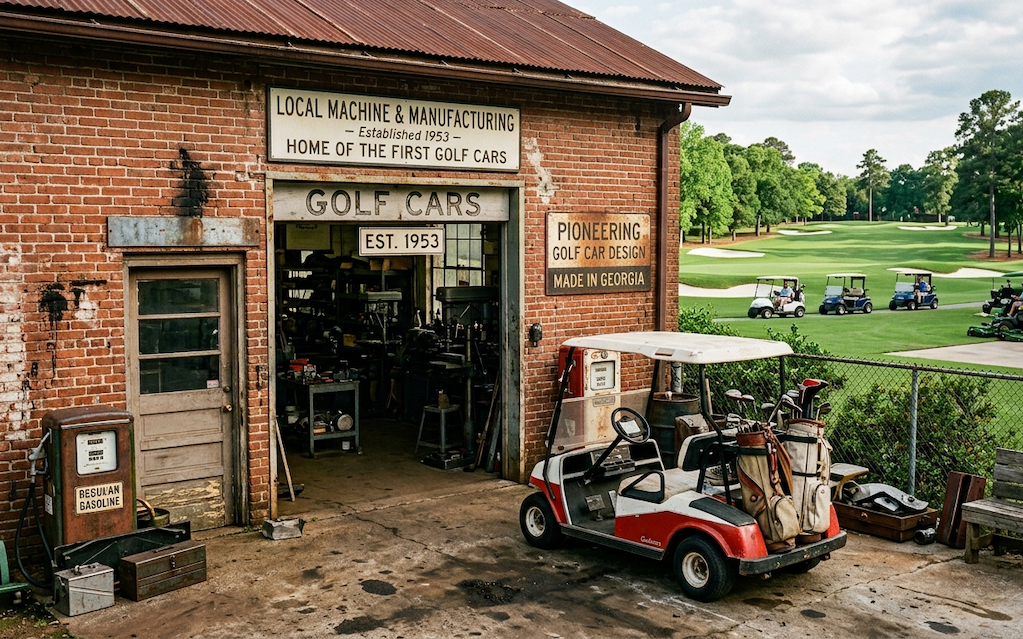 Historic Augusta workshop and golf cart evolution showing Club Car’s journey from a small manufacturer to a global fleet leader.