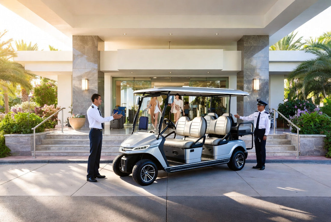 Luxury resort golf carts at hotel entrance showcasing premium guest experience and strong brand identity.