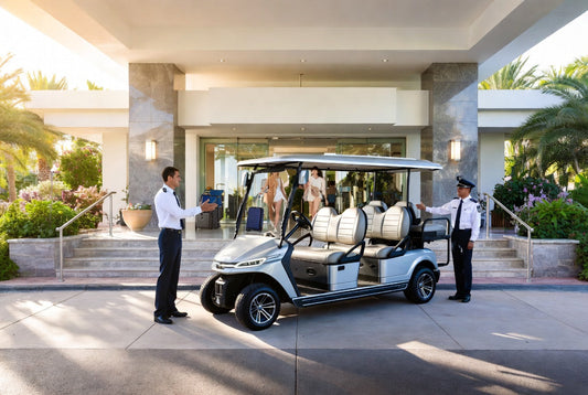 Luxury resort golf carts at hotel entrance showcasing premium guest experience and strong brand identity.