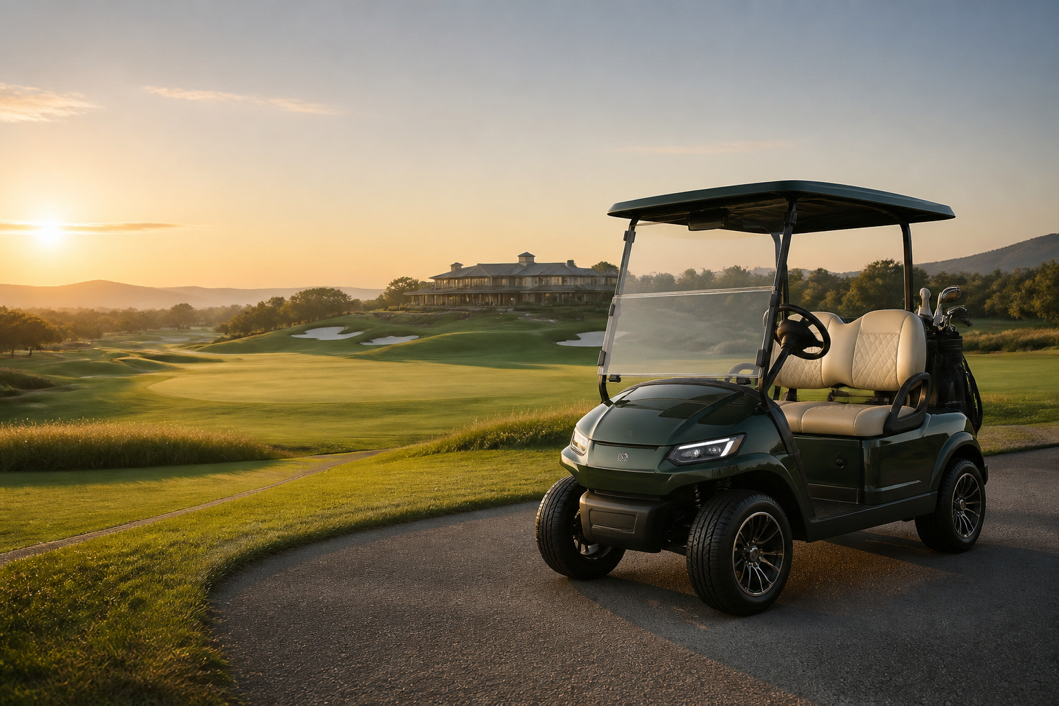Modern electric golf cart overlooking a golf course at sunrise