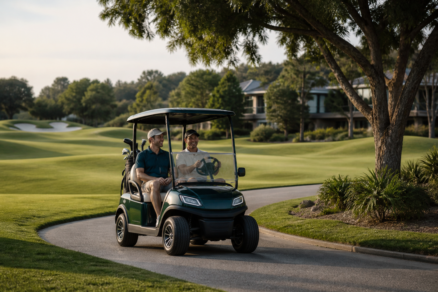 Golfers riding comfortably in a modern electric golf cart